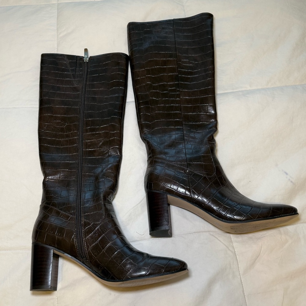 Elegant Brown Crocodile-Embossed Knee-High Boots